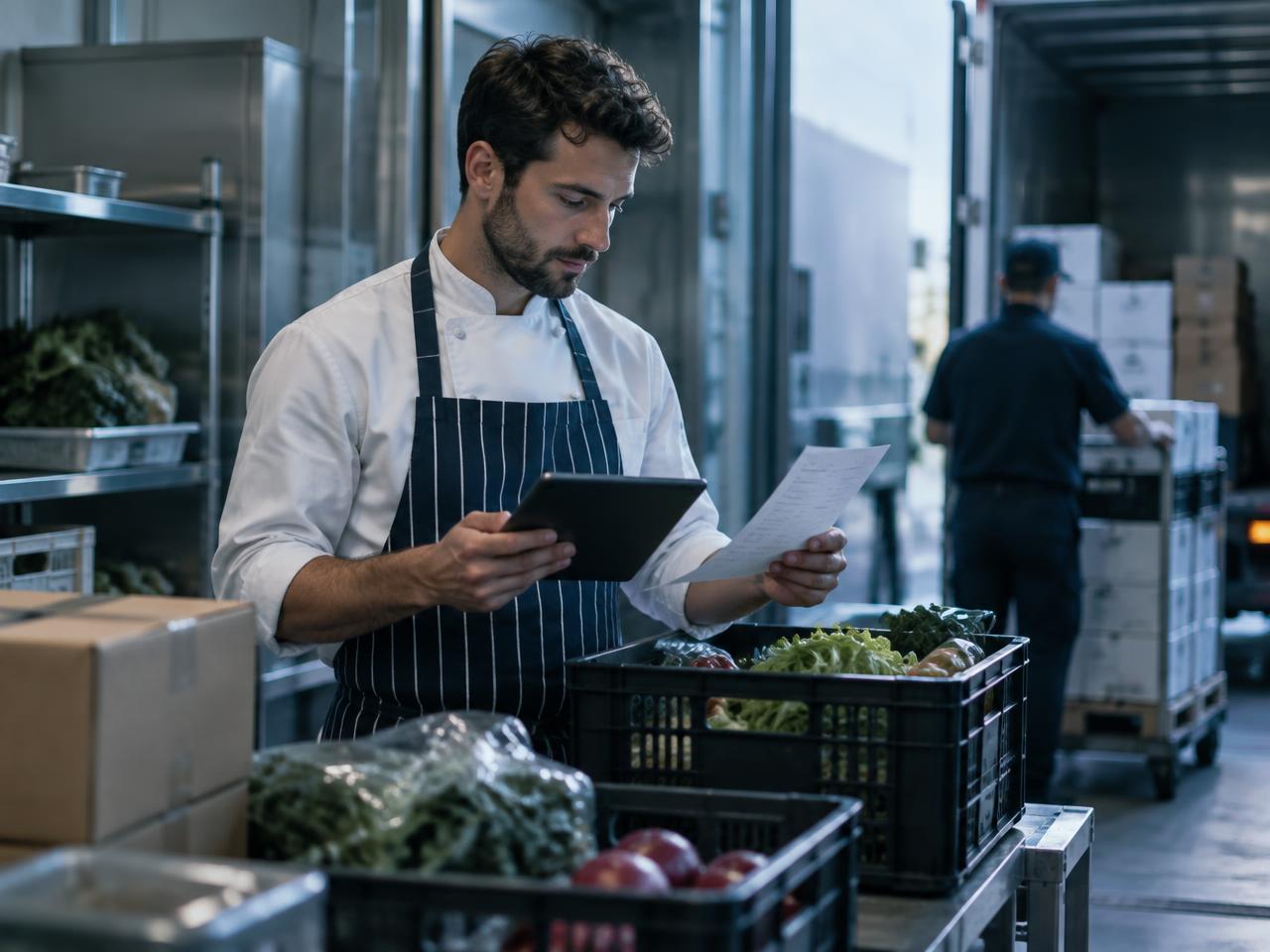 Kitchen staff checking a delivery note at the goods-in door